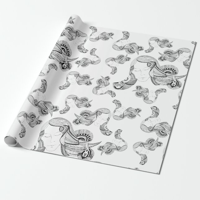 Papel De Regalo Tatuaje Chica Negro Y Blanco (Desenrollado)