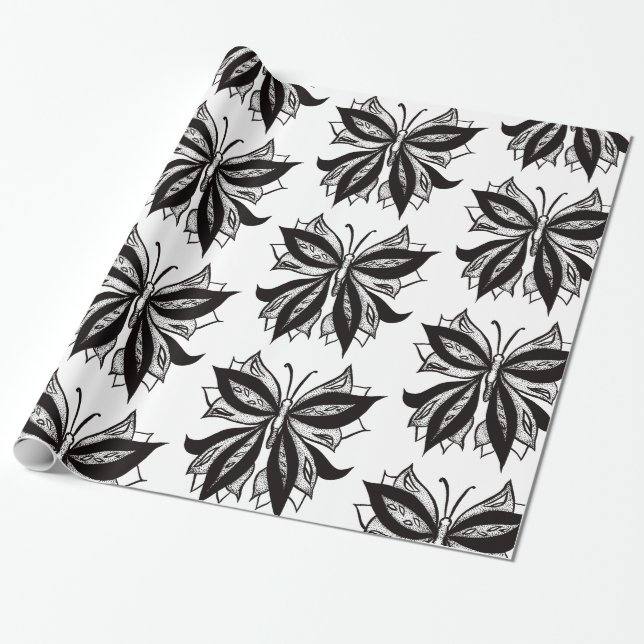 Papel De Regalo Tatuaje Tribal Blanco Y Negro De Mariposa (Desenrollado)