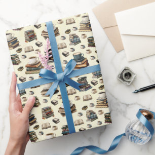 Papel De Regalo Tazas de café y libros sobre amarillo claro