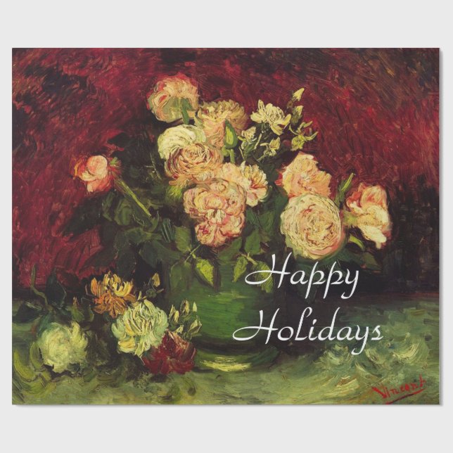 Papel De Regalo Tazón con Peonies y Rosas, Vincent van Gogh. (Superficie plana)