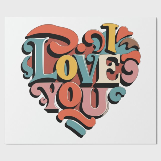 Papel De Regalo Te Amo Corazón Retro Psicodelia (Superficie plana)