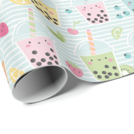 Papel De Regalo Té de burbuja mate en franja blanca azul clara