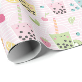 Papel De Regalo Té de burbuja mate en franja rosa claro y blanca