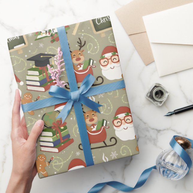 Papel De Regalo Teacher Christmas Cute Reindeer Santa School (Regalar)