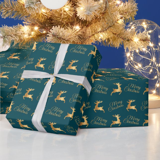 Papel De Regalo Teal and Gold Christmas Reindeers (Vacaciones)