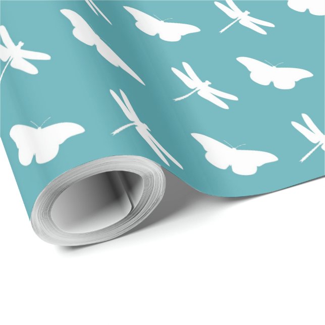 Papel De Regalo Teal and White Butterfly and Dragonfly Pattern (Esquina del rollo)