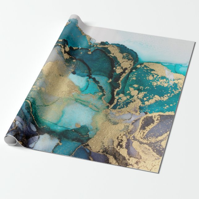 Papel De Regalo Teal Black Gold Alcohol Ink Fluid Artabstract,art, (Desenrollado)