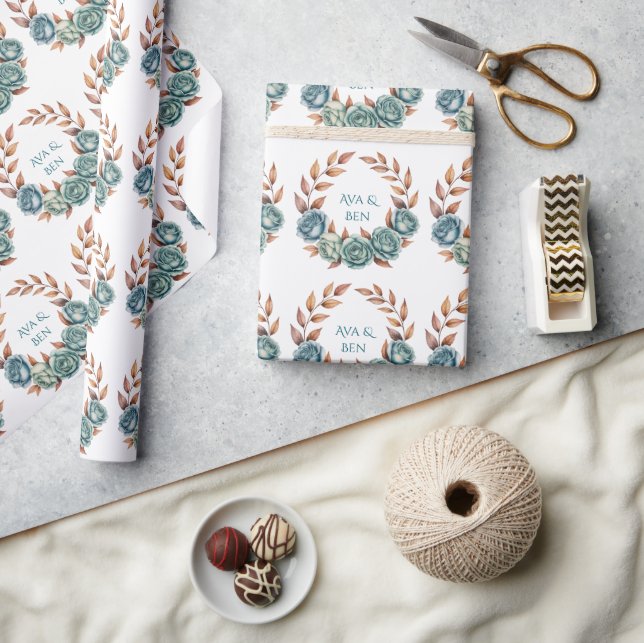 Papel De Regalo Teal Roses and Copper Leaves Wedding (Artesanía)