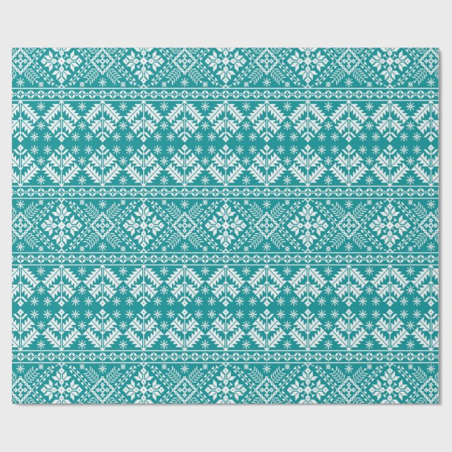 Papel De Regalo Teal Snowflake & Floral Fair Isle Christmas (Superficie plana)