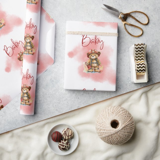 Papel De Regalo Teddy Bear Fireman Boy Baby Shower (Artesanía)