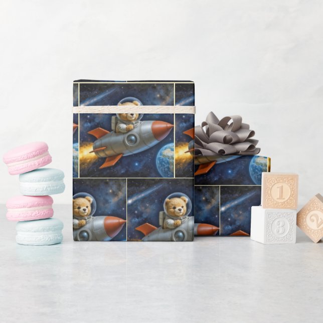 Papel De Regalo Teddy Bear Flying In a Rocket Ship (Baby Shower)