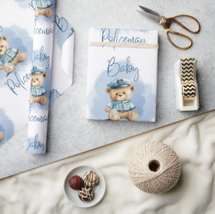 Papel De Regalo Teddy Bear Policeman Boy Blue Baby Shower
