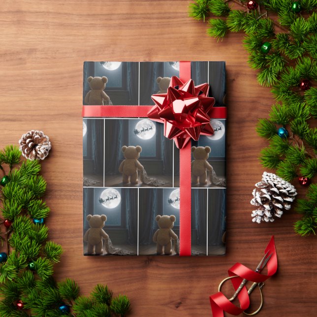 Papel De Regalo Teddy Bear Watching Santa Claus and Reindeer (Regalo de vacaciones)