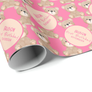 Papel De Regalo Teddy Bear Watercolor Primer Cumpleaños Rosa