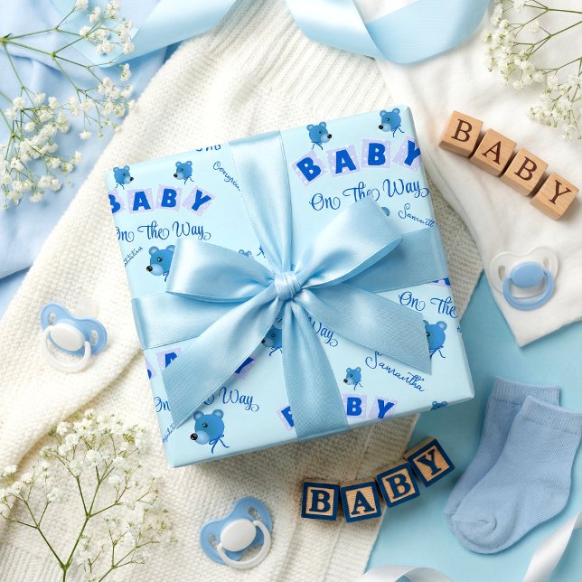 Papel De Regalo Teddy Bear With Blue Text Baby Shower (It's cute, it's fun and not traditional. Mom's name & one word message for you to customize)