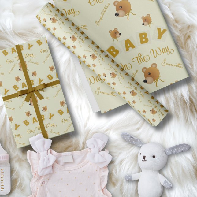 Papel De Regalo Teddy Bear With Gold Cream Text Baby Shower (Gender neutral and a little bit fun. Put mom's name on and a one word message to make it extra cool.)