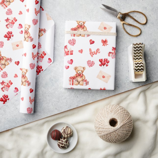Papel De Regalo Teddy de San Valentín lindo con corazones rojos (Artesanía)