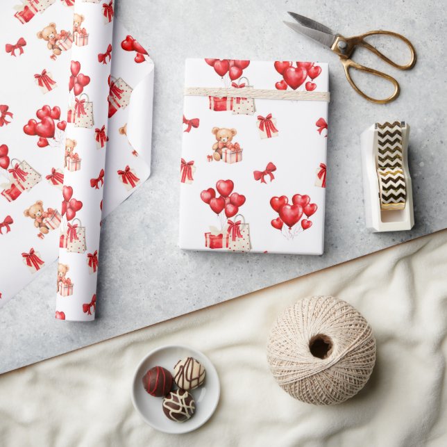 Papel De Regalo Teddy de San Valentín lindo con globos en forma de (Artesanía)