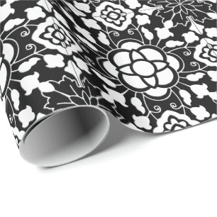 Papel De Regalo Teja marroquí floral, blanco y negro