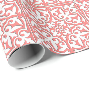 Papel De Regalo Teja marroquí - rosado coralino y blanco