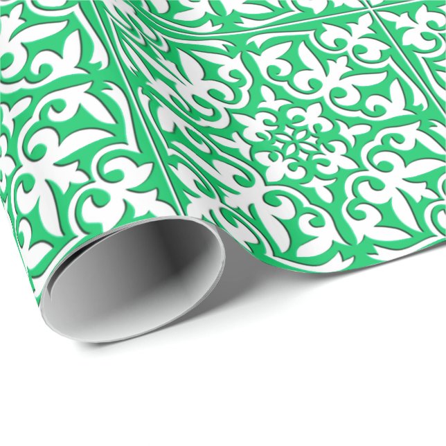 Papel De Regalo Teja marroquí - verde y blanco de jade (Esquina del rollo)