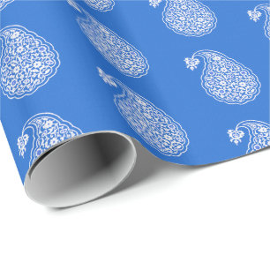 Papel De Regalo Teja persa Paisley - blanco en azul de cobalto