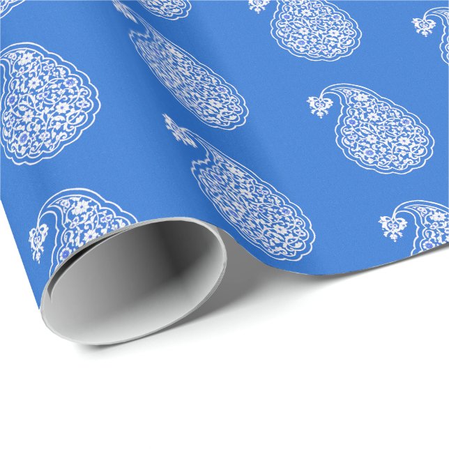 Papel De Regalo Teja persa Paisley - blanco en azul de cobalto (Esquina del rollo)