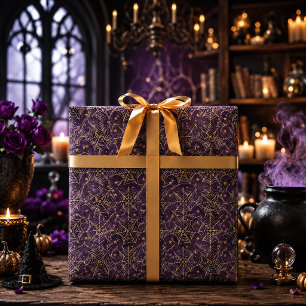 Papel De Regalo Tela de araña dorada gótica púrpura acuarela