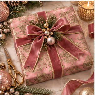 Papel De Regalo Tela de damasco de terciopelo rosa y dorado para f