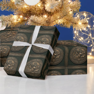 Papel De Regalo Tela de emblemas de Lodge de caza verde y bronce d