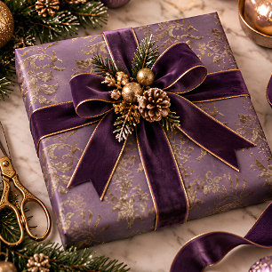 Papel De Regalo Tela de terciopelo falso de damasco dorado y púrpu