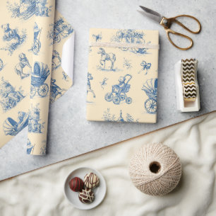 Papel De Regalo Tema de bebé azul y amarillo vintage Toile