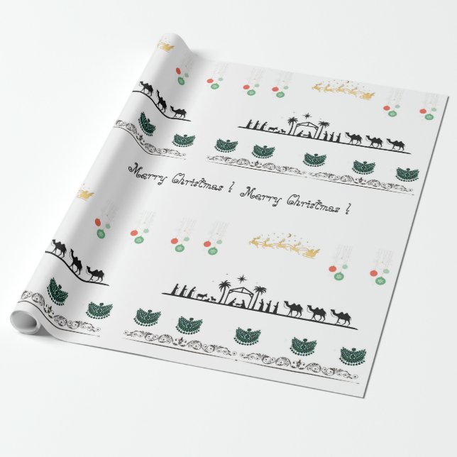 Papel De Regalo Tema de la natividad , rojo, dorado, barroco verde (Desenrollado)