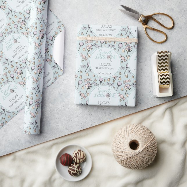 Papel De Regalo Tema del Candy Azul Primer cumpleaños (Artesanía)