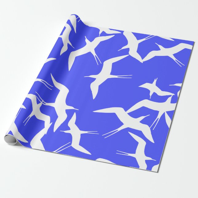 Papel De Regalo Tema del mar de fondo azul Aves blancas (Desenrollado)