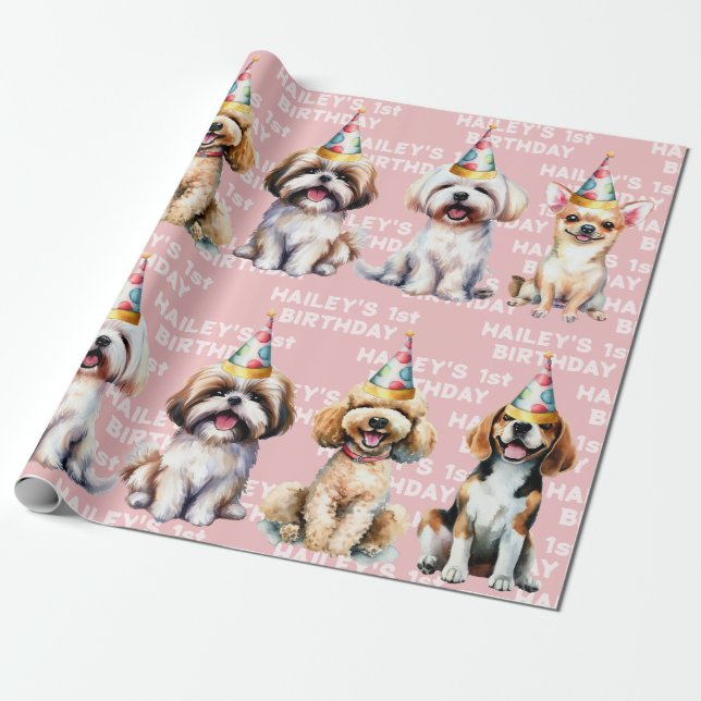 Papel De Regalo Tema del perro Fiesta de cumpleaños Rosa (Desenrollado)