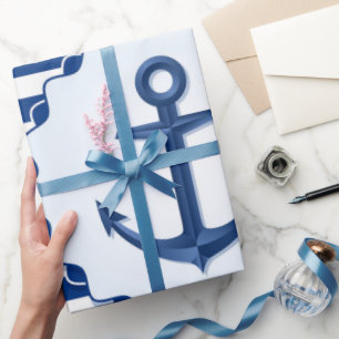 Papel De Regalo Tema marino Banda azul y blanca con ancla