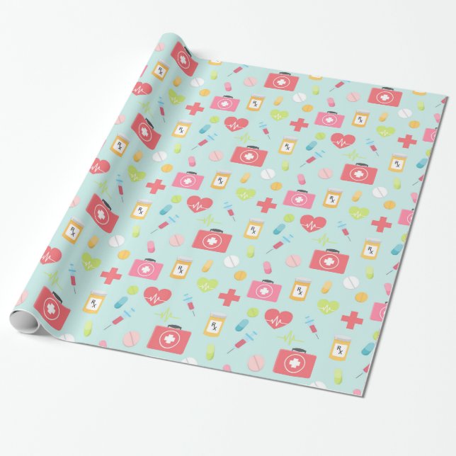 Papel De Regalo Tema médico rosa y azul (Desenrollado)