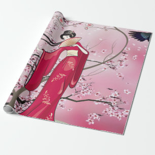 Papel De Regalo Temporada De Otoño Dama Japonesa En Kimono