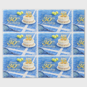 Papel De Regalo Tenis cumpleaños 30 con tarta y pelota en la pista