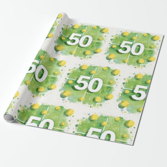 Papel De Regalo Tennis 50th Birthday with balls on the court (Desenrollado)