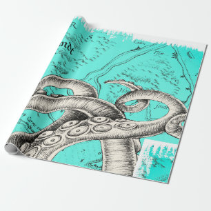 Papel De Regalo Tentacles Octopus Verde azulado Mapa de cosecha