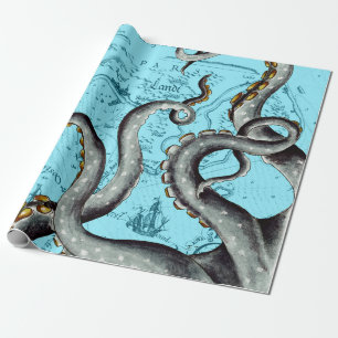 Papel De Regalo Tentáculos Gris En El Mapa Vintado Azul
