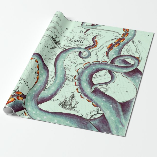 Papel De Regalo Tentáculos Verde azulados en el mapa Verde azulado (Desenrollado)