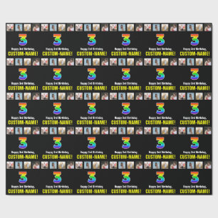 Papel De Regalo Tercer cumpleaños: Arcoiris "3"; fotos y nombre de