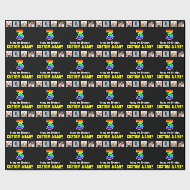 Papel De Regalo Tercer cumpleaños: Arcoiris "3"; fotos y nombre de (Costura)