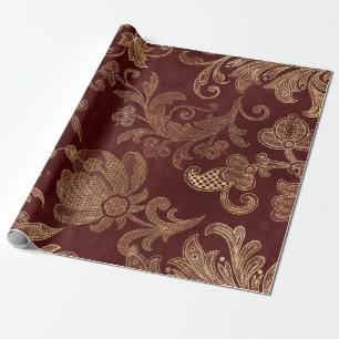 Papel De Regalo Terciopelo Navideño Floral Falso Rojo y Dorado Vin
