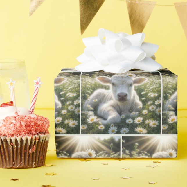 Papel De Regalo Ternera Blanca Escocesa En Daisies (Fiesta de cumpleaños )