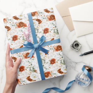 Papel De Regalo Terracota Delicada Floral Botánico Hoja de Oro