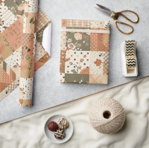 Papel De Regalo Terracotta Melocotón Edredón Earthy Gingham Cottag